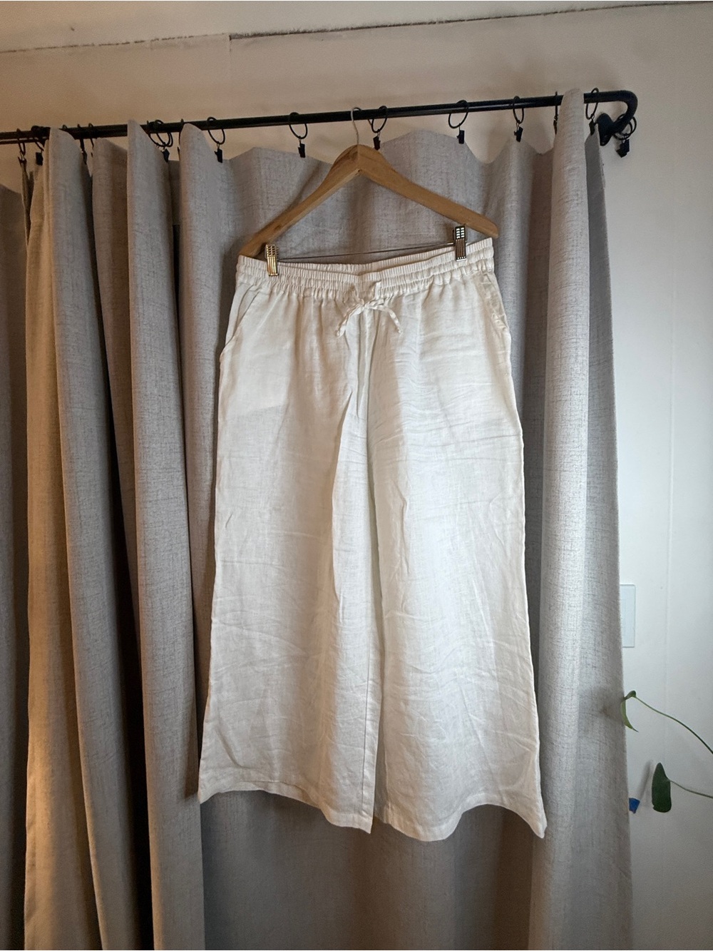 Wide Leg Drawstring Linen-Blend Pants in White